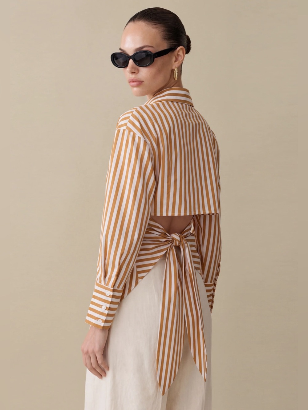 Few Moda Caara Natasha Striped Tie-Back Button Shirt in Camel & White